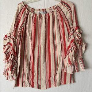 Fever Red and Cream Striped Blouse with Ruffle Sleeves